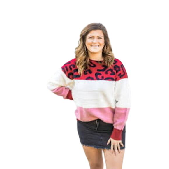 Bibi Leopard Colorblock Sweater Red Pink Cream Soft Knit Women’s Large - Picture 1 of 5